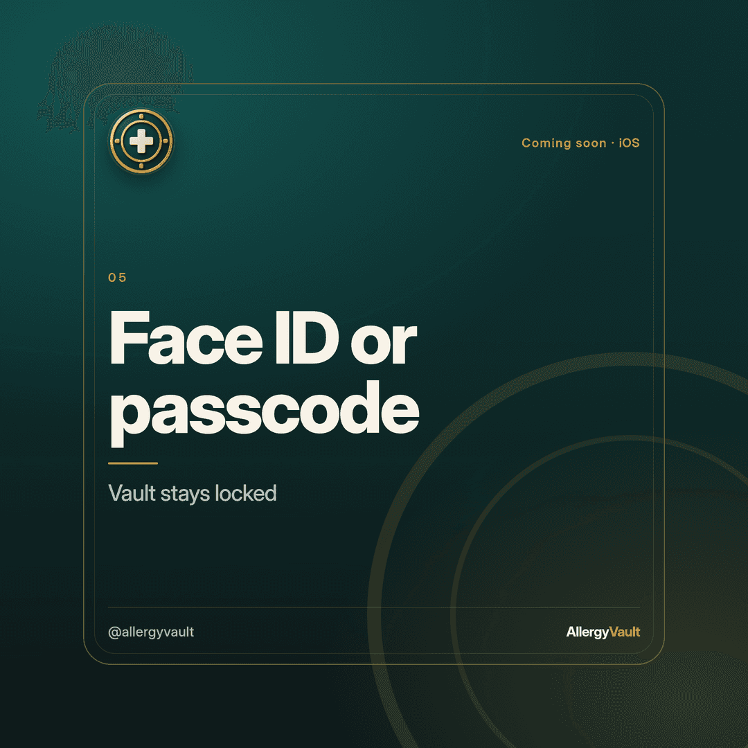 AllergyVault coming-soon card: Face ID or passcode, vault stays locked