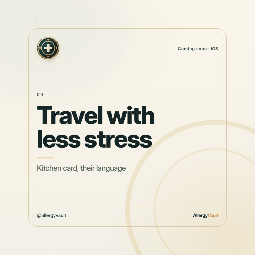 AllergyVault coming-soon card: travel with less stress, kitchen card in their language